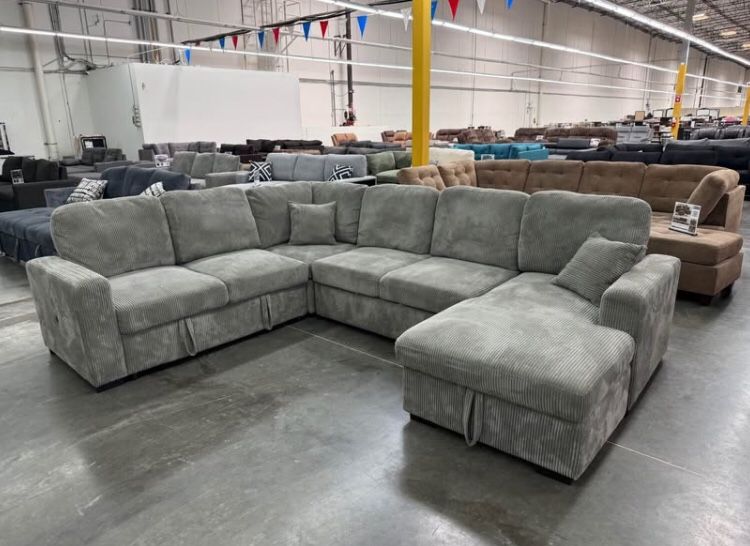 On Sale $659 No Tax ✅X-Large Sectional Sofa With Pullout Bed & Storage Available In Grey Or Dark Grey Corduroy