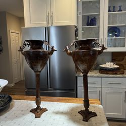 Pair Vintage Tall Hammered Bronze Deer Urns