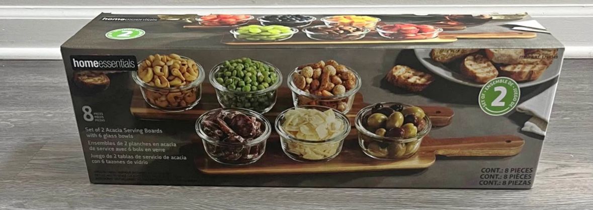 Home Essentials set of 2 Acacia Serving Boards with 6 Glass Bowls