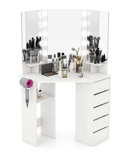 White Corner Vanity Desk with Tri-Fold Lighted Mirror