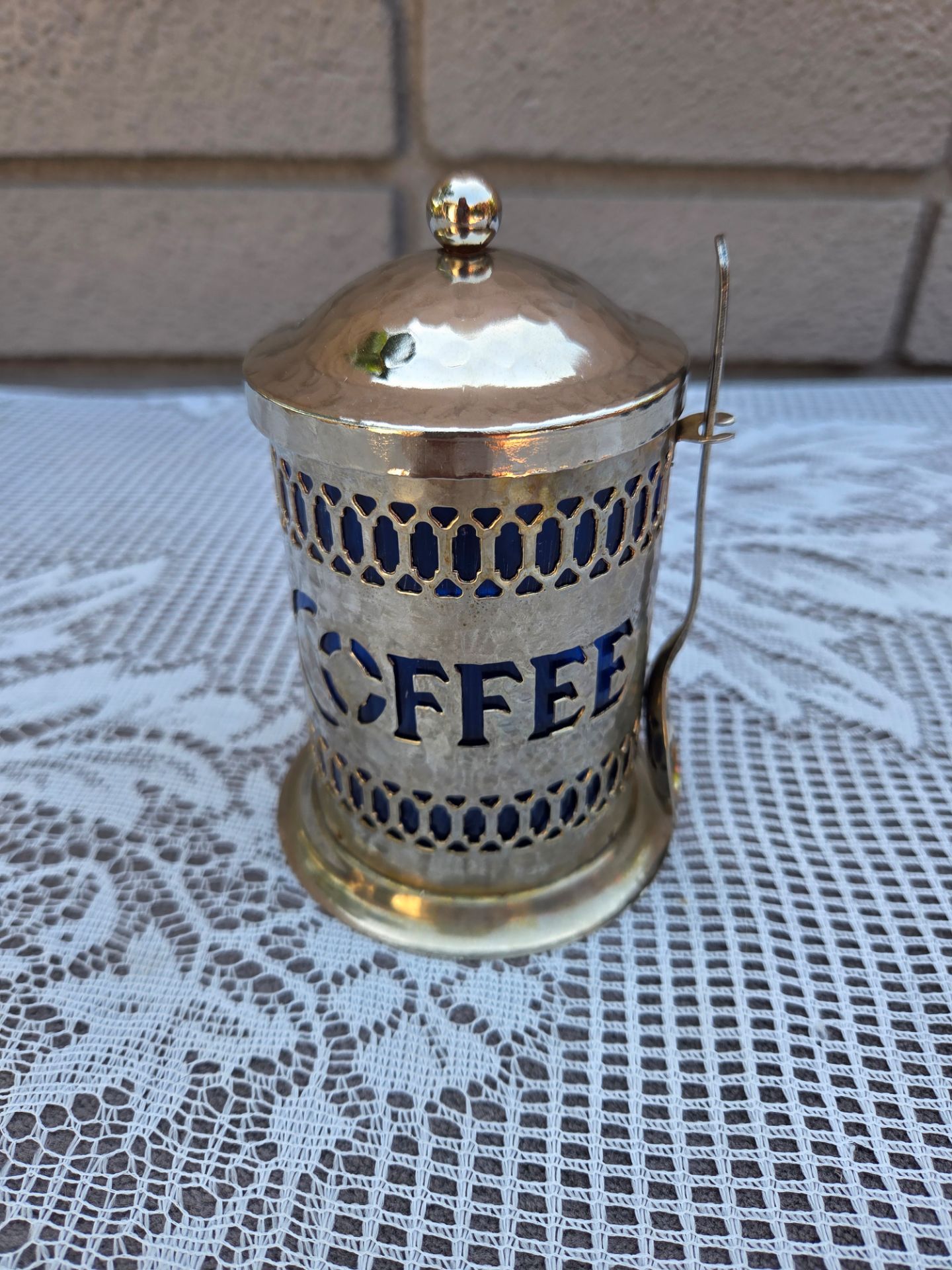 Silver & cobalt blue coffee container with spoon