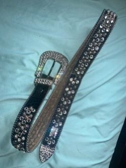 BB SIMON BLACK CALF HAIR BELT WITH SWAROVSKI CRYSTALS - LARGE *FITS LIKE A MED*