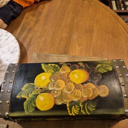 Vintage fruit themed hand painted latched storage chest