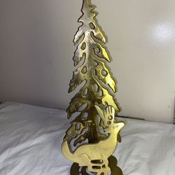 Vintage beautiful tall brass candle holder from India wtih pine tree and deer!