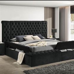 Black colored velvet fabric upholstered tufted queen storage bed with benches, QUEEN $599 E KING $699