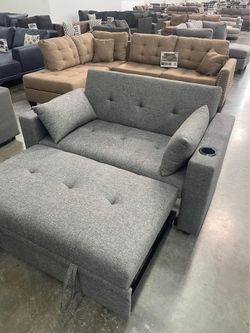 Modern Grey Convertible Sleeper Sofa Bed with Built-in Cup Holders – Compact Pull-Out Couch