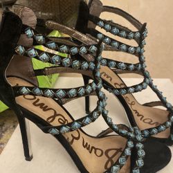 Sam Edelman Black Heels Sandals Suede Turquoise Stones Size 7.5