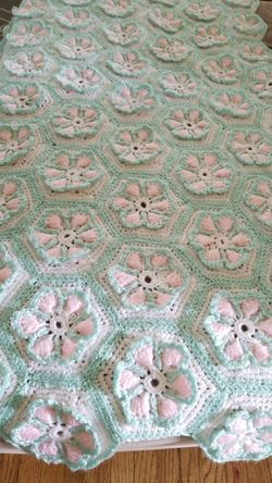 Handmade Crochet blanket & matching bonnet/ booties