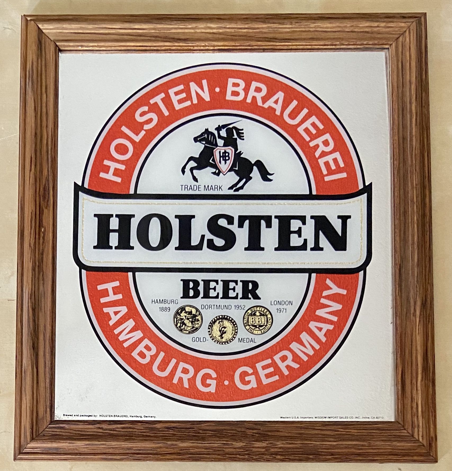 Vintage HOLSTEN Beer Sign Bar Mirror Hamburg Germany Large 18”x17” Wood Framed