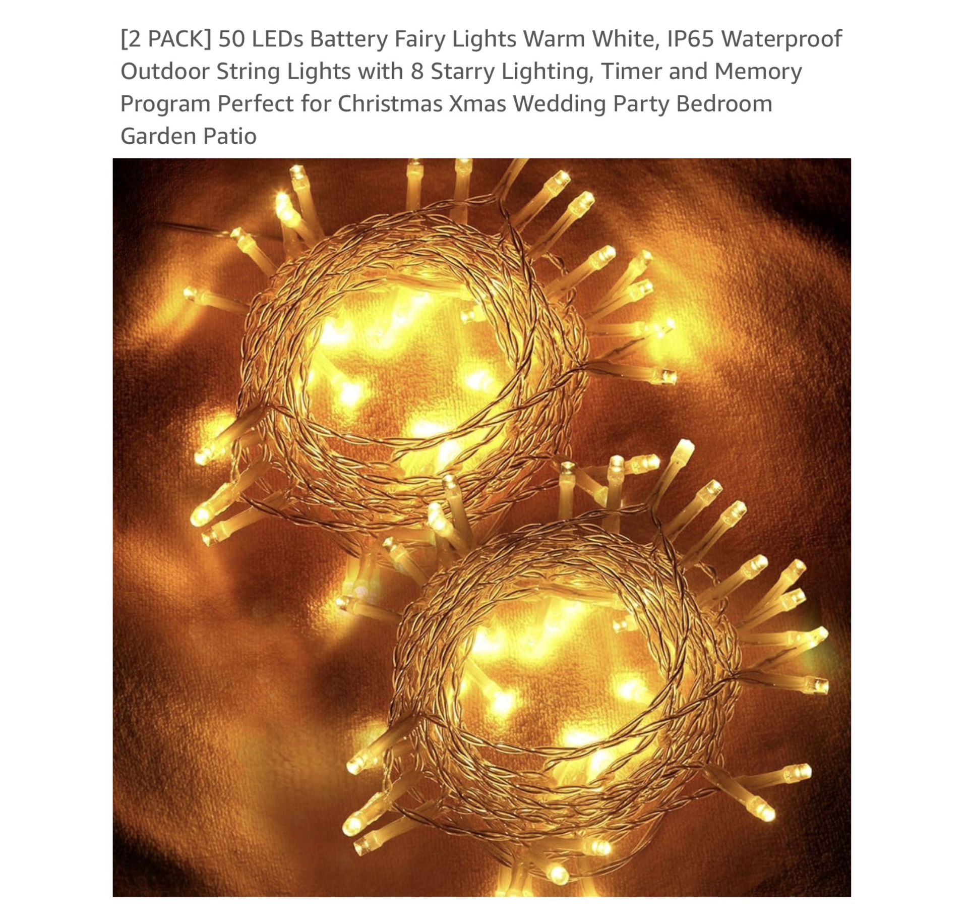 Brand new [2 PACK] 50 LEDs Battery Fairy Lights Warm White, IP65 Waterproof Outdoor String Lights with 8 Starry Lighting, Timer and Memory Program Per