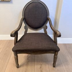 Louis XVI Style Oval Back French Antique Grey Washed Armchair w/ Nailhead Pins