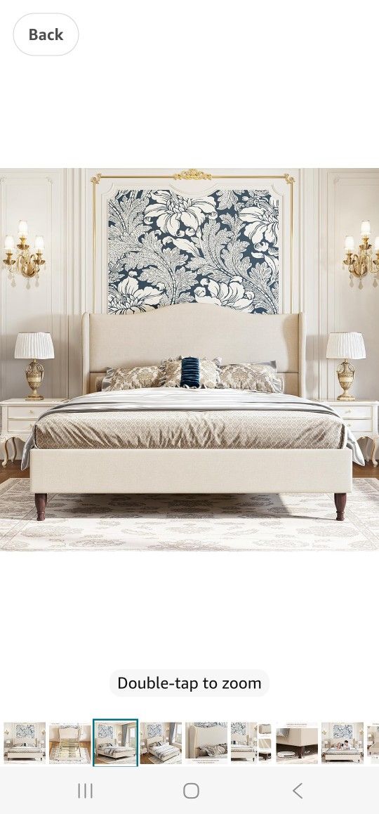 Konprosp Full Size Bed Frame with 51" Tall Headboard, Chenille Upholstered Platform Bed Frames with Classic Curved Wingback & Retro Wood Legs, No Box 