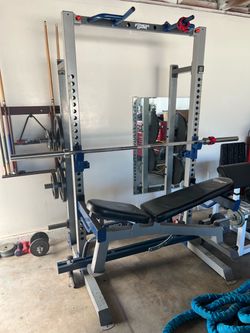 Fitness Gear Power Rack with Bench, weights, bar, and seat