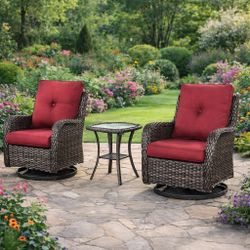 3-Piece Wicker Swivel Outdoor Rocking Chairs Patio Conversation Set with Red Cushions [NEW] **Assembly Req** 