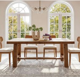 F2719 63-Inch Solid Wood Dining Table, Farmhouse Kitchen Table for 4-6 People, Rectangular Wooden Dinner Table with Thick Top & Trestle Base,Natural W
