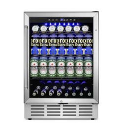 HOOURE - 23.4 in. Single Zone 180-Cans Beverage Cooler With 3 Removable Shelves, Built-in Blue Light - Stainless Steel.   Note:- this item new but has