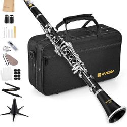 Vangoa Bb Clarinet, B Flat Beginner Student Clarinet Bb Nickel-Plated for School Band Orchestra adult kid with Hard Case, Stand, Cleaning Kit, Barrels