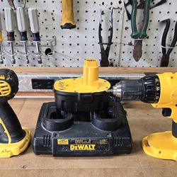 DeWalt 18v Volt 1/2" Cordless Drill & DC825 1/4" Impact Drill w/ Battery & DeWalt Dual Charger WORKS