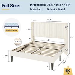 Full Size Velvet Bed Frame, Upholstered Wingback Headboard, Cream 47'' Modern Vertical Channel Headboard, Platform Bed, Strong Wood Slats, No Box Spri