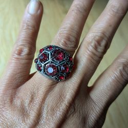 Vintage Antiqued Silver, Round Cut Red Ruby In Hexagon Setting Ring 1.25". Hand Wrought, OneSize Adjustable. Classy Elegance!