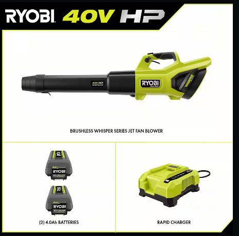 RYOBI 730 CFM Cordless Jet Fan Leaf Blower, Batteries, and Charger