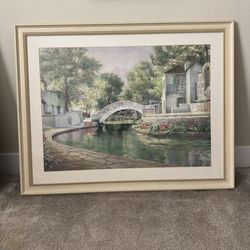 Framed River Bridge Landscape Painting – Tranquil Canal Scene Wall Art