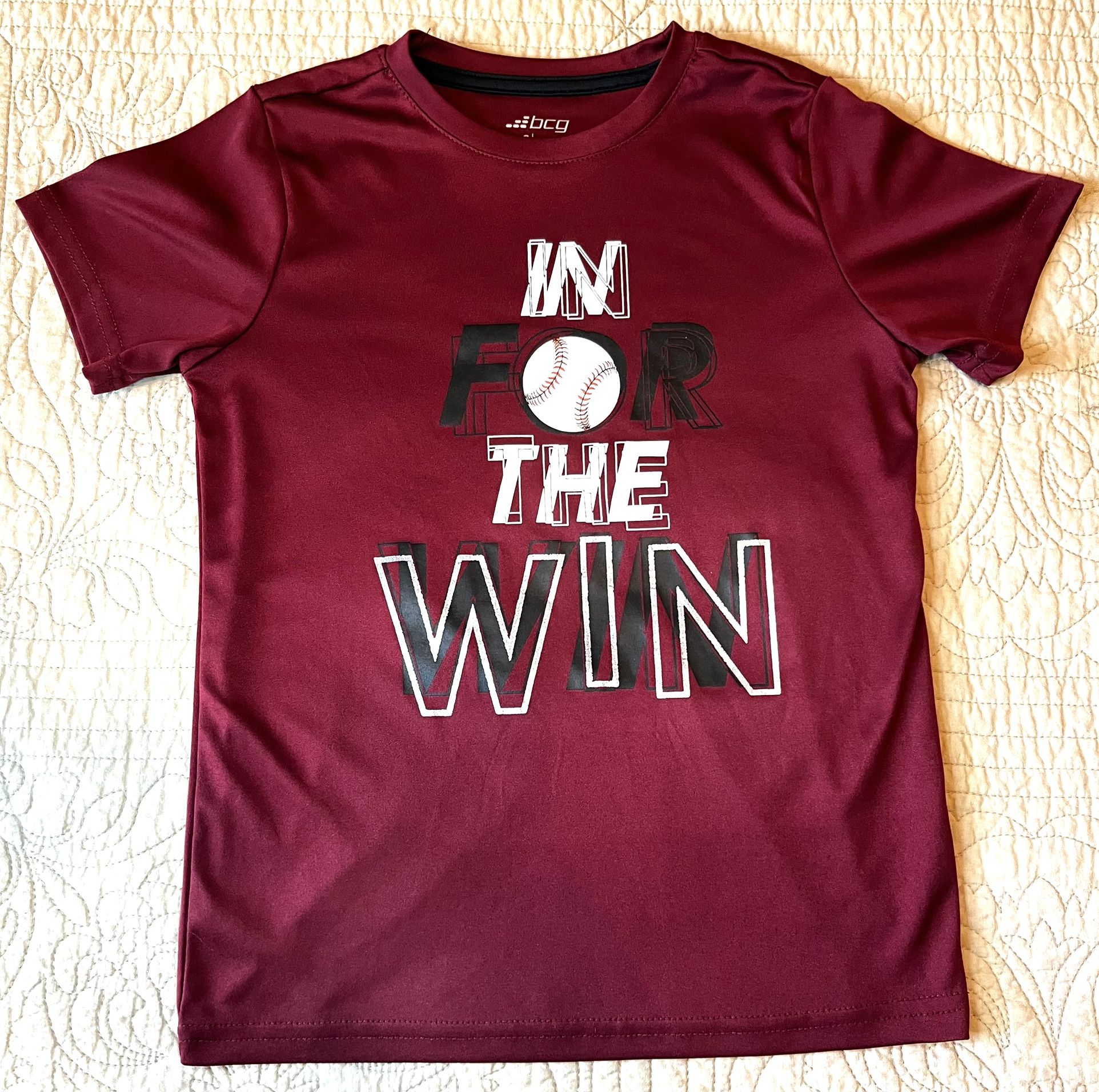 BCG Boys Small S (8) Athletic T-Shirt Maroon “In For The Win” Baseball Tee
