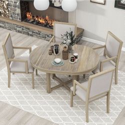 5-Piece Dining Table Set with Two-Size Round to Oval Extendable Butterfly Leaf and 4 Upholstered Dining Chairs with Armrests Nnnn[NEW] **Assembly Req*