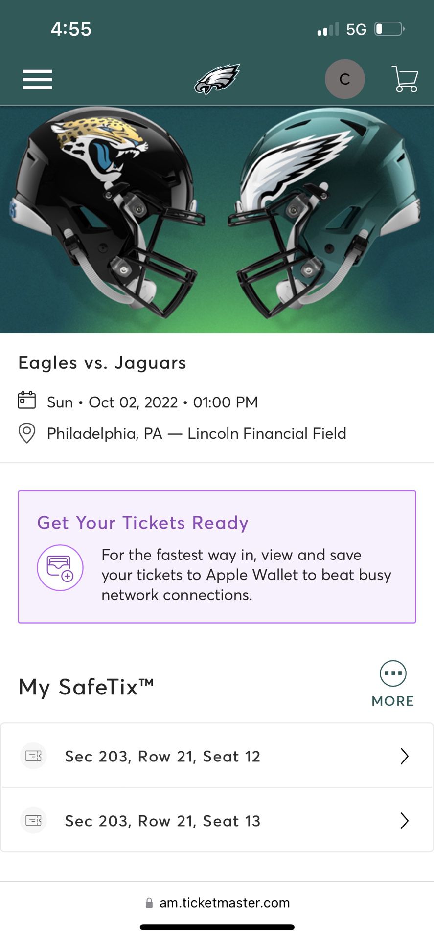 2 tickets to Eagles vs. Jaguars 