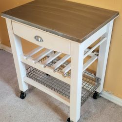 Stainless Steel, White Wood, Rolling Kitchen Island 