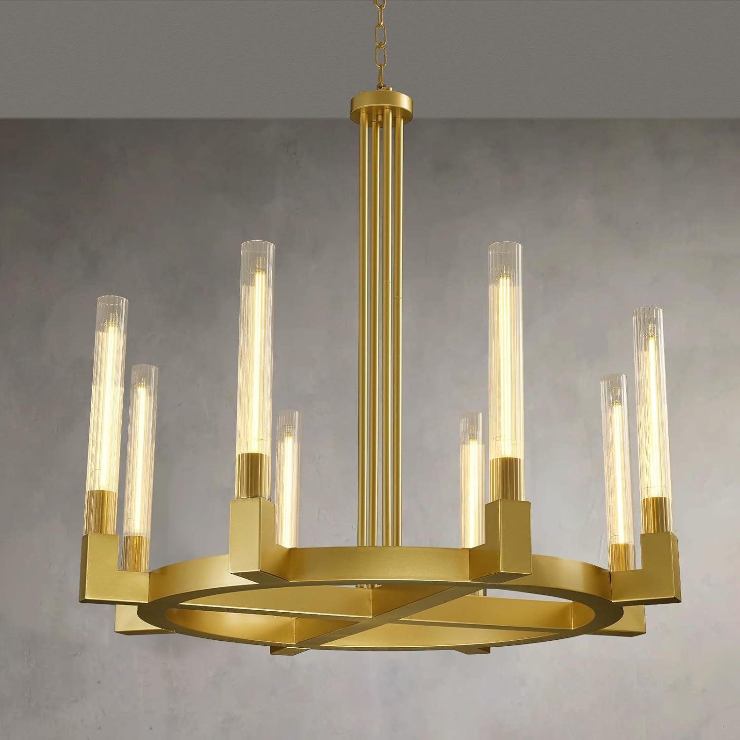 36 Inch Brass Wagon Wheel Chandelier with Knurled Glass Shade,8-Lights Gold Modern Farmhouse Chandeliers for High Ceilings,Large Round chandeliers for