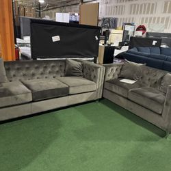CLOSEOUT Deal. Gray Velvet Sofa And Loveseat. 