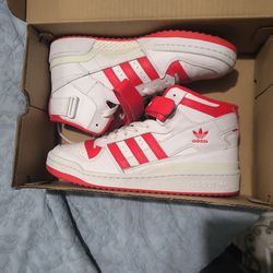 Red and white high top addidas