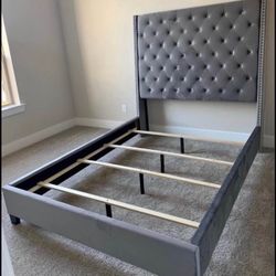 King Bed Frame Grey Velvet 