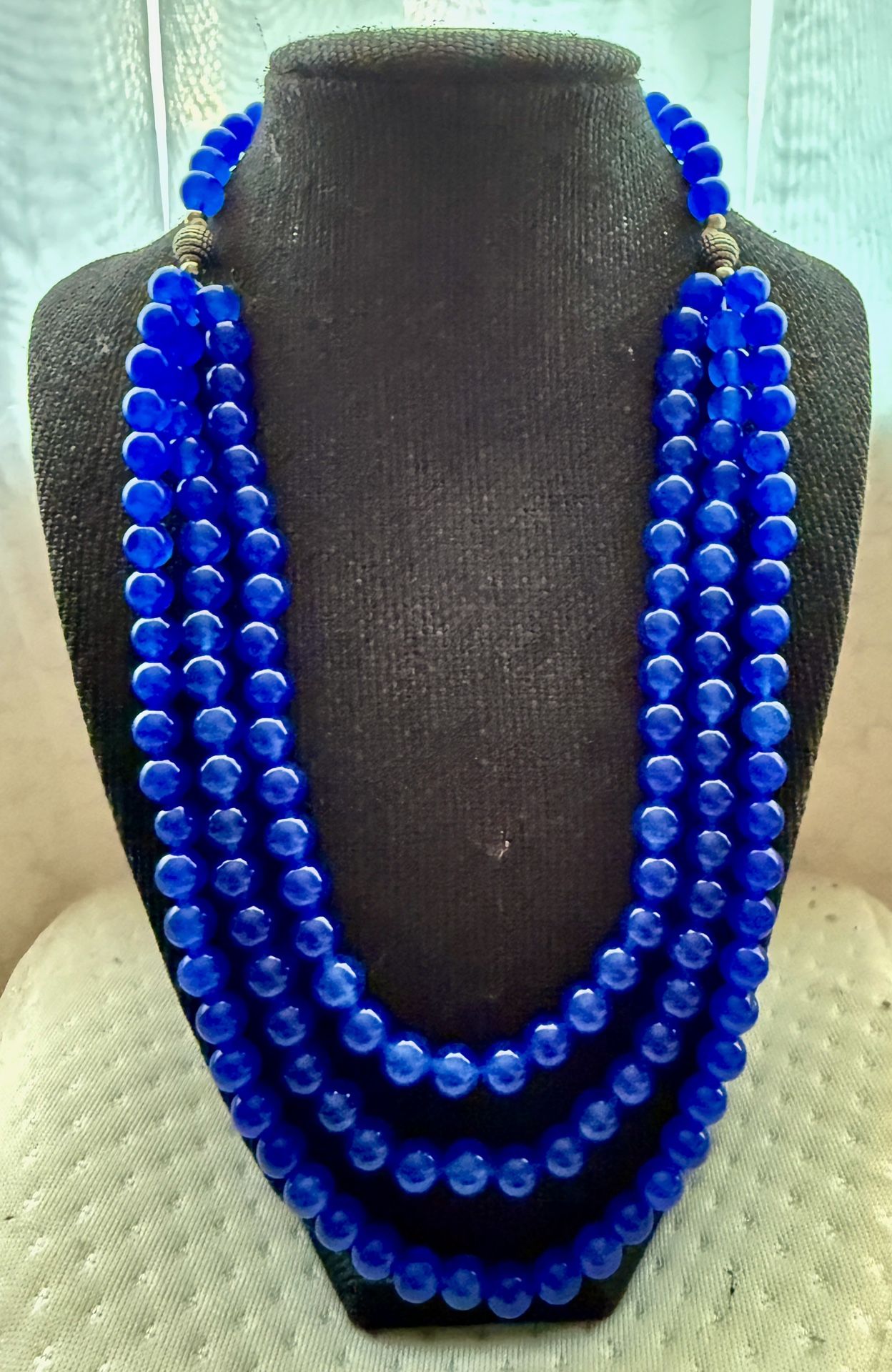 571 Cts Round Shape 3 Strand Blue Onyx Beaded Beautiful Necklace AK 06 E483