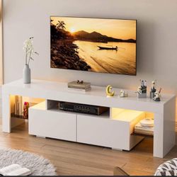 Modern LED TV Stand for Televisions up to 70 Inch with Glass Shelves and Drawer, Gaming Entertainmen
