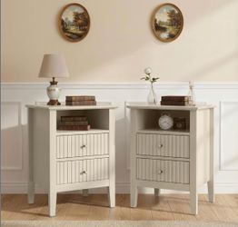 New Set of 2 Fluted Modern Nightstand, 2-Drawer with Storage Shelf, Beige Nightstands