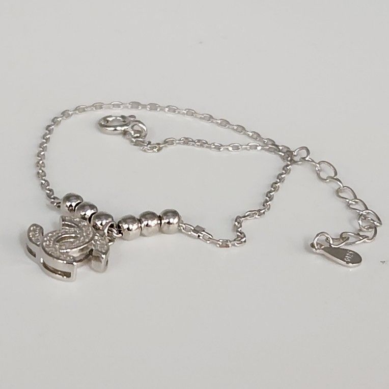 Shiny Silver Chain Bracelet With Sparkling Double C Inspired Charm 7.5"