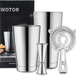 Boston Cocktail Shaker Set, 18 oz & 28 oz Stainless Steel Weighted Shaker Tins, Strainer, Double Measuring Jigger, Professional Bar Tools for Bartende