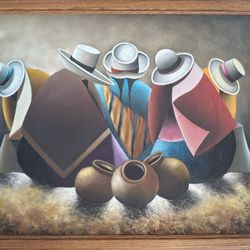 Original Peruvian Oil Painting Framed Cubist Andean Market Folk Art Signed