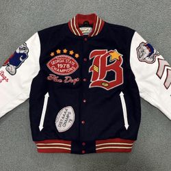 Forest Park Blue Dogs Varsity Jacket - Wool Body, Leather Sleeves, Chenille Patches, 1978 Champions