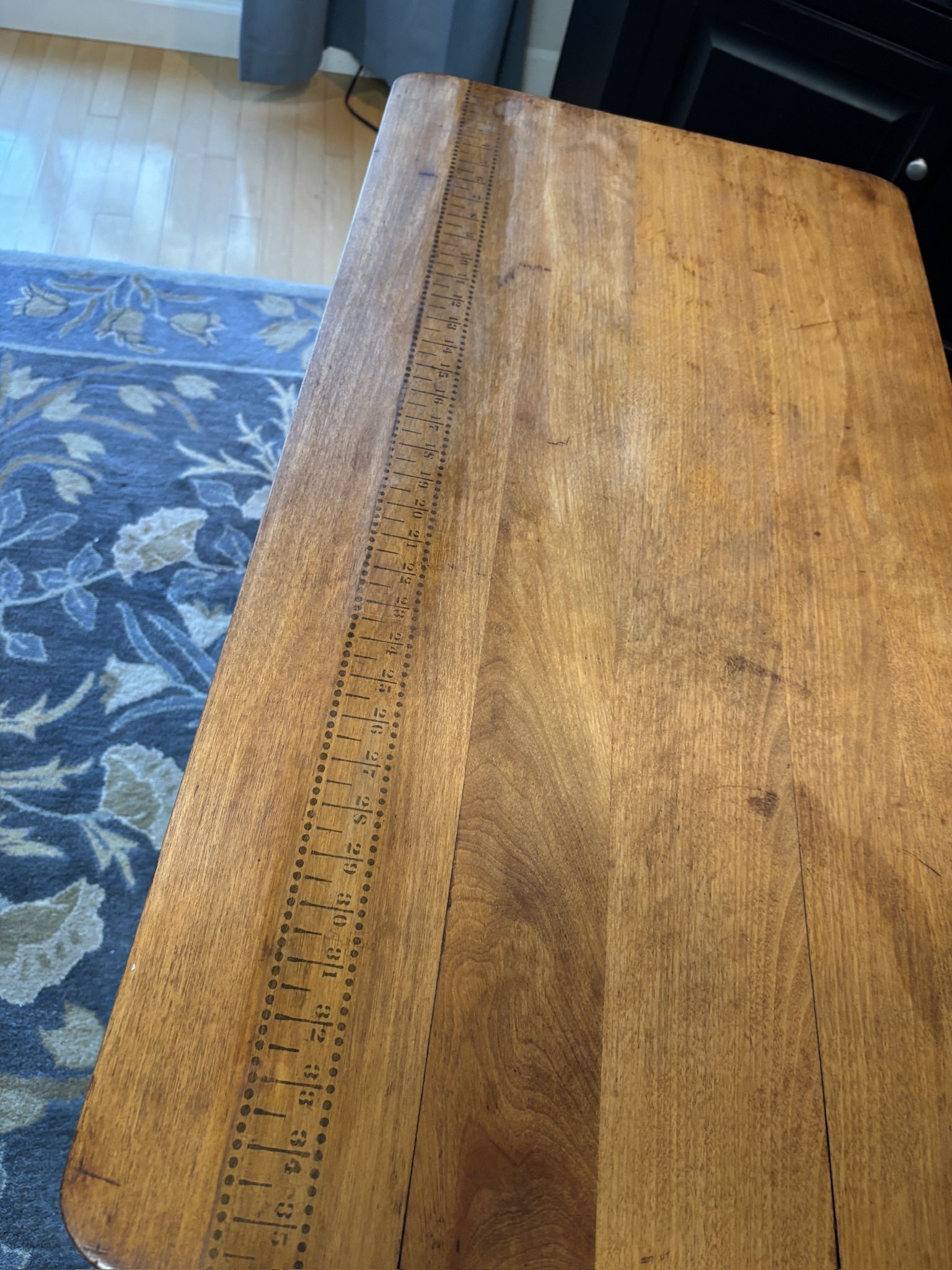 Antique Folding Sewing Table, turned legs and inlaid Yardstick Measuring Rule on top