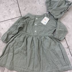 Oso & Me Green Striped Cotton Dress Set Bloomers Girls 3 Long Sleeve