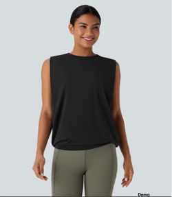 Halara Round Neck Ruched Cool Touch Yoga Tank Top-UPF50+ - Black (Small)