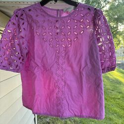 LOFT Petite Poplin Eyelet Puff Sleeve Blouse