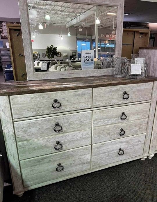 AP🎉Panel Bedroom Set - Whitewash/ 4-Piece (Bed, Dresser, Mirror, Nightstand)// Financing - Delivery