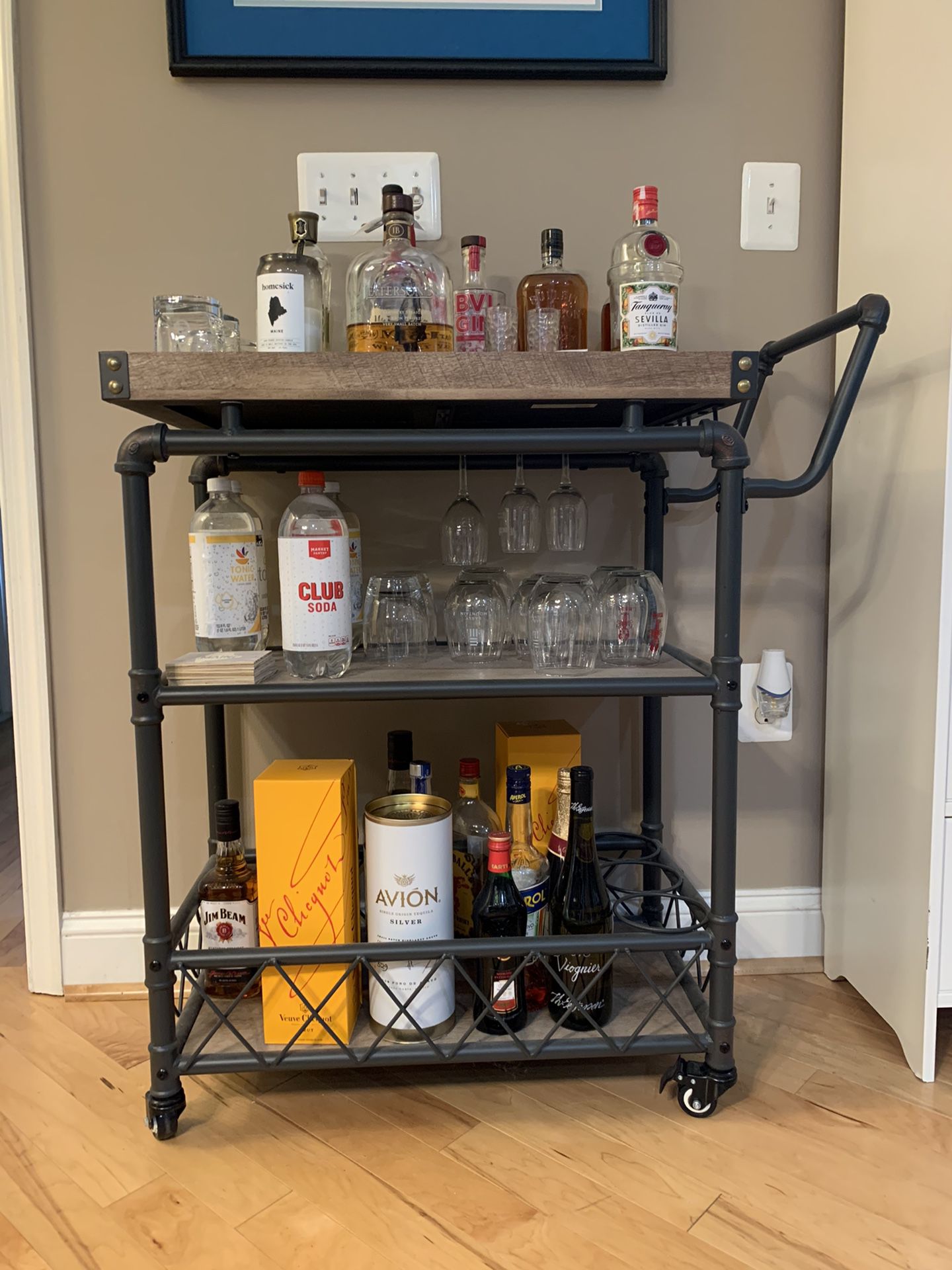 Industrial bar cart with 3 shelves and wheels