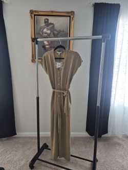 Olive Green Button-Front Belted Jumpsuit