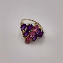 10k Yellow Gold Cluster Cocktail Ring - Oval Cut - Amethyst & Tourmalines Stones Size:8