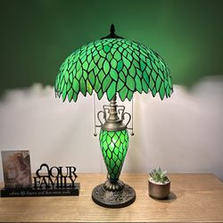Tiffany Style Table Lamp Green Stained Glass LED Bulbs Included 24”H